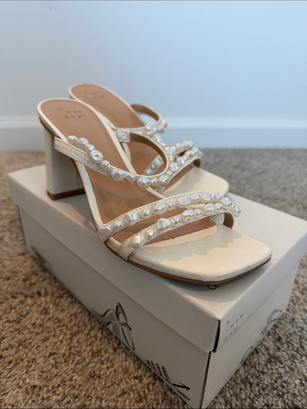 a new day Pearl-Embellished White Block Heel Sandals - Size 6.5